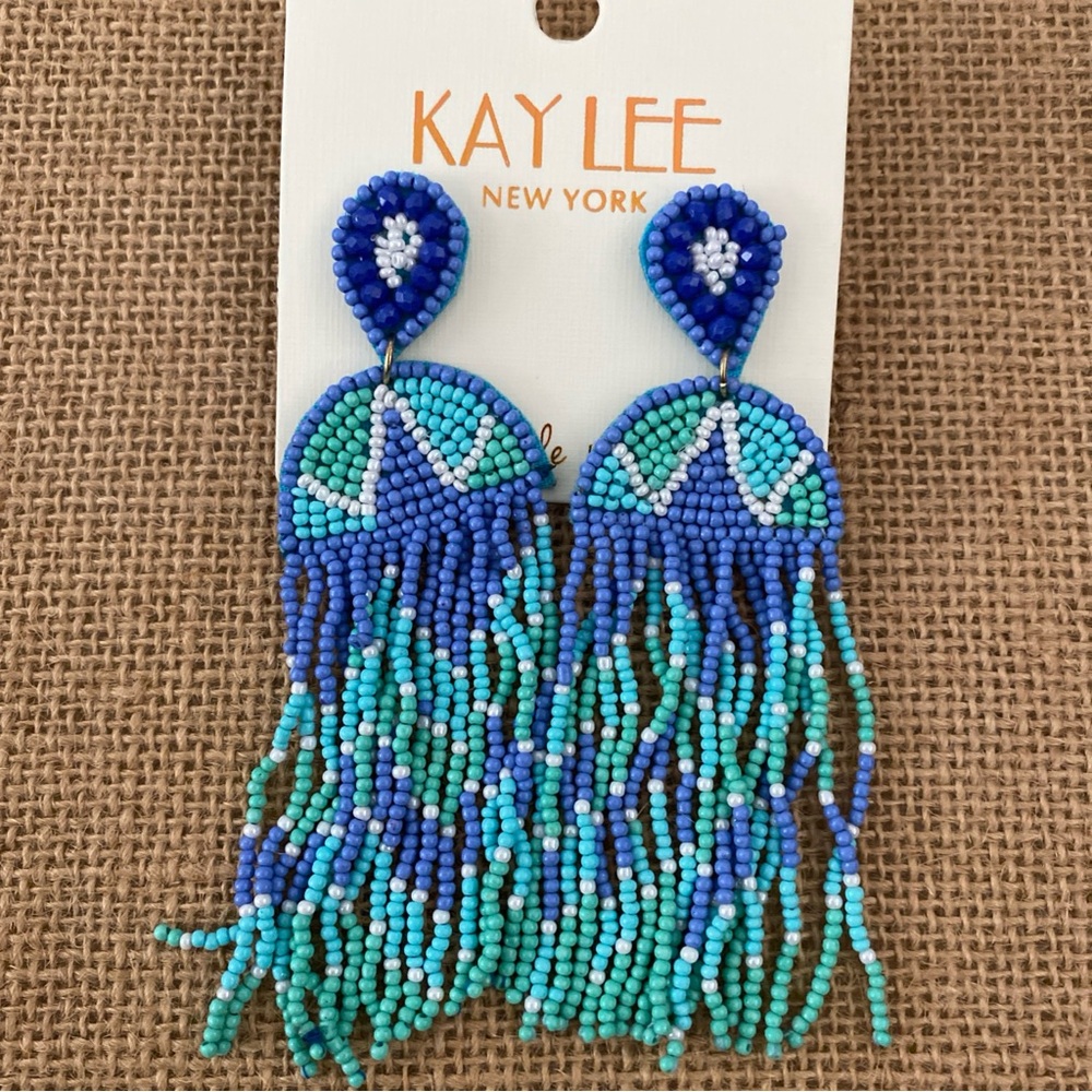Blue Turquoise and Green Handmade Dangle Beaded Earrings Boho Style